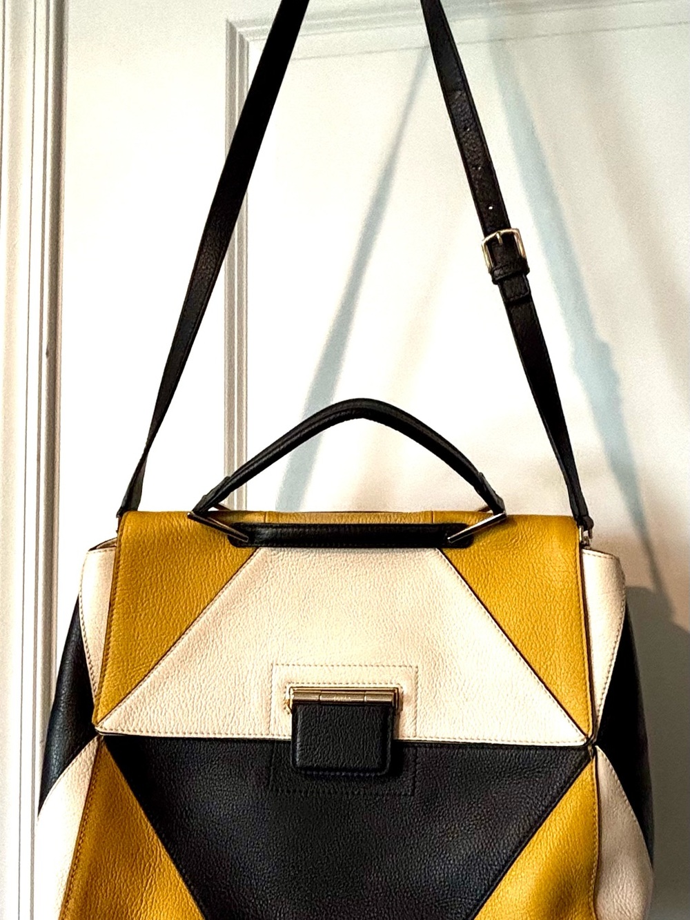 Furla Artesia Medium Colorblock Leather Satchel Bag - Yellow/Black/White